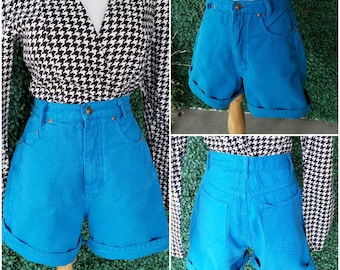 90s Vintage High Waisted Denim Shorts, Cerulean Blue, High Rise Non-Stretch Denim