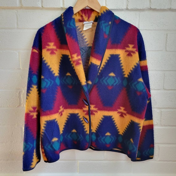 Vintage Aztec Fleece, Rainbow Geometric, Print Jacket, David Wayne Multicolor