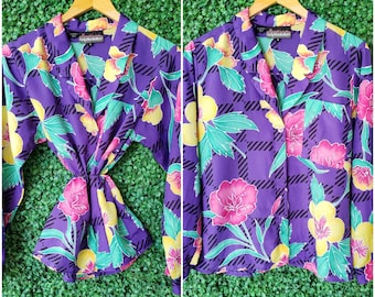 80s Vintage Blouse, Tropical Floral Button Up, Purple, Turquoise, Pink, Yellow