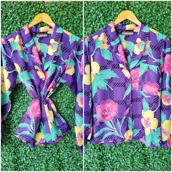 80s Vintage Blouse, Tropical Floral Button Up, Purple, Turquoise, Pink, Yellow