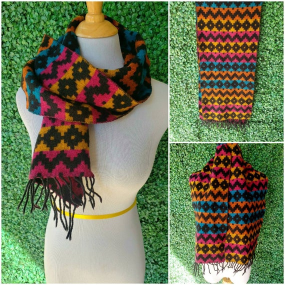 Vintage United Colors of Benetton Rainbow Scarf, Geometric Pattern, Colorblock, Wool