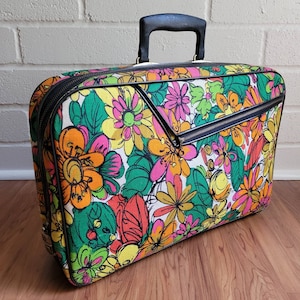 Vintage Floral Suitcase, 60s, 70s Carry-on Luggage, Overnight Bag