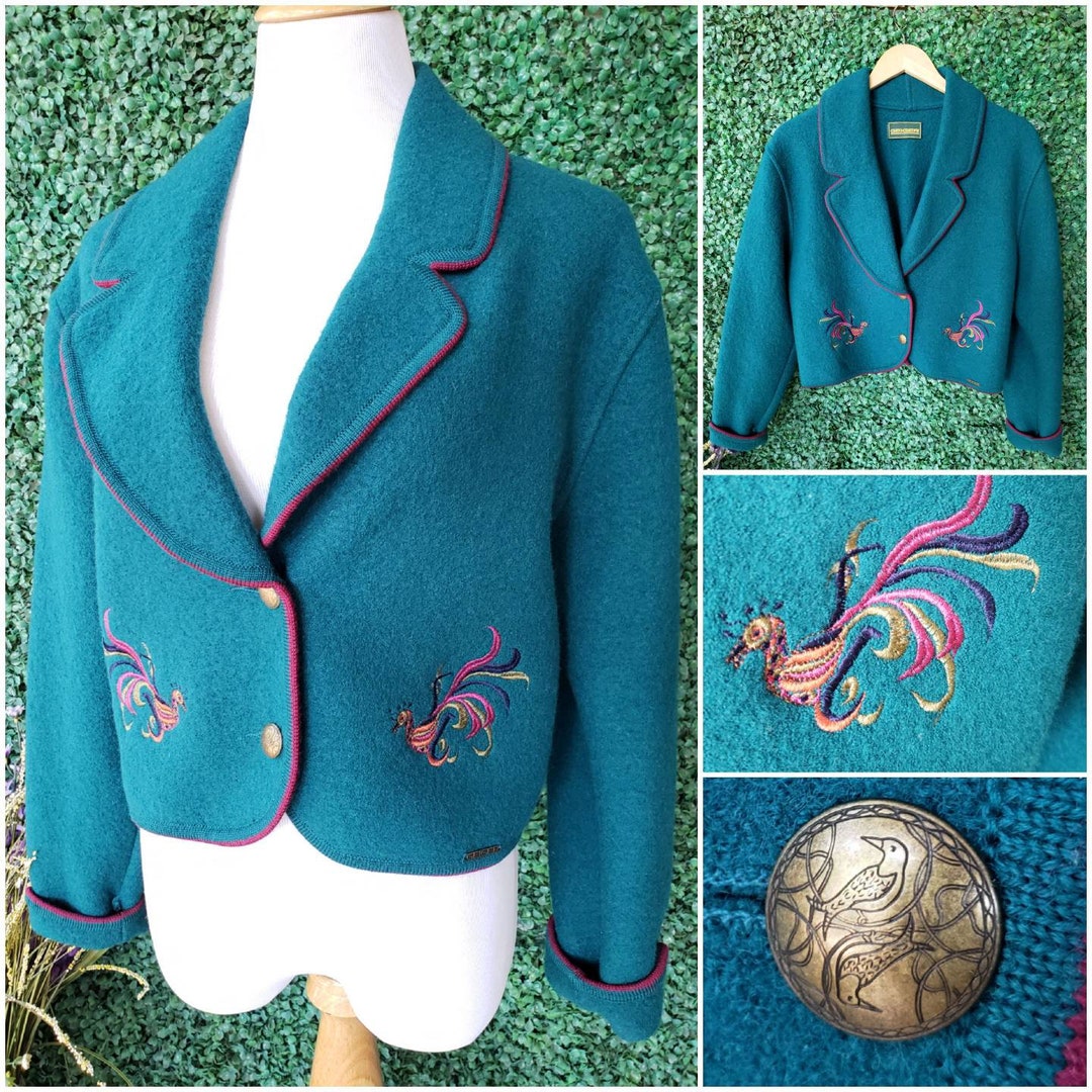 Vintage Peacock Jacket, Wool Cardigan, Colorful Embroidered Peacock ...