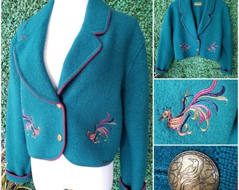 Vintage Peacock Jacket, Wool Cardigan, Colorful Embroidered Peacock, Bird Lover Gift