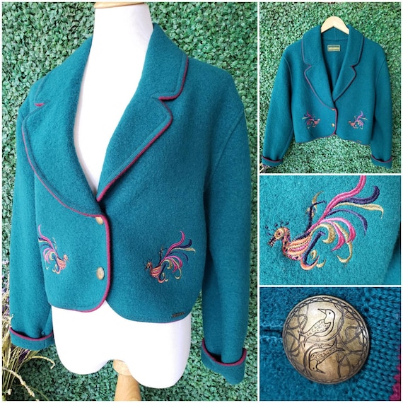 Vintage Peacock Jacket, Wool Cardigan, Colorful Embroidered Peacock, Bird Lover Gift