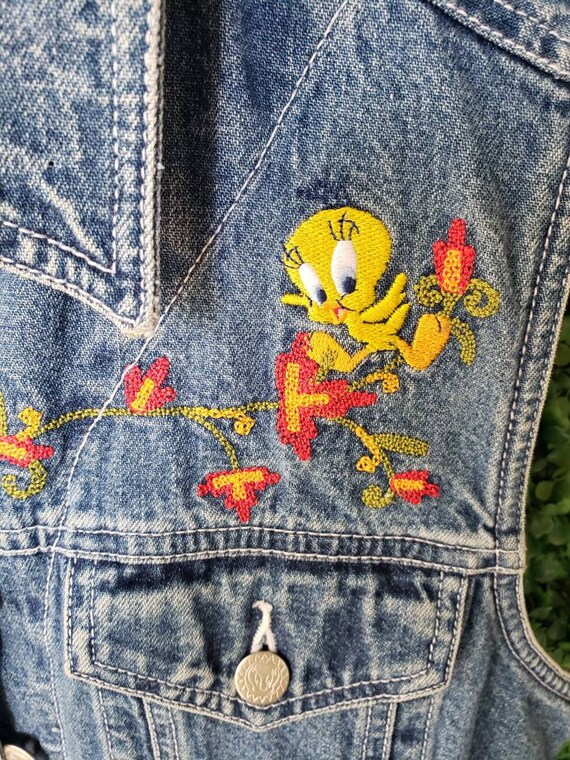 90s Vintage Tweety Denim Vest, Chain Stitch Embro… - image 2