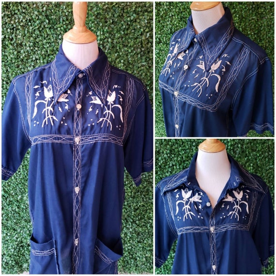 70s Chore Shirt, Contrast Embroidered, Vintage Navy and White, Winged Collar, Long Lapel