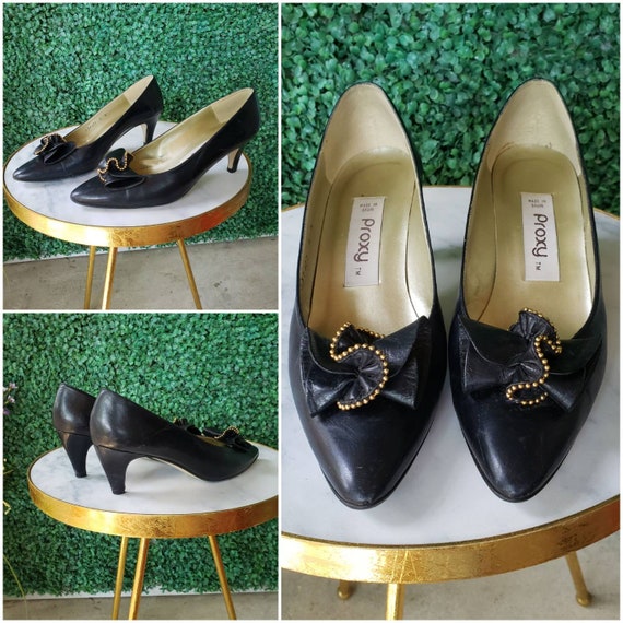 80s Vintage Pumps, Black Leather and Gold Heels, … - image 1