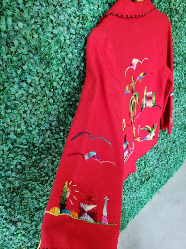 Red Wool Jacket 1940s Vintage Mexican Jacket Tourist Jacket Rainbow Embroidered