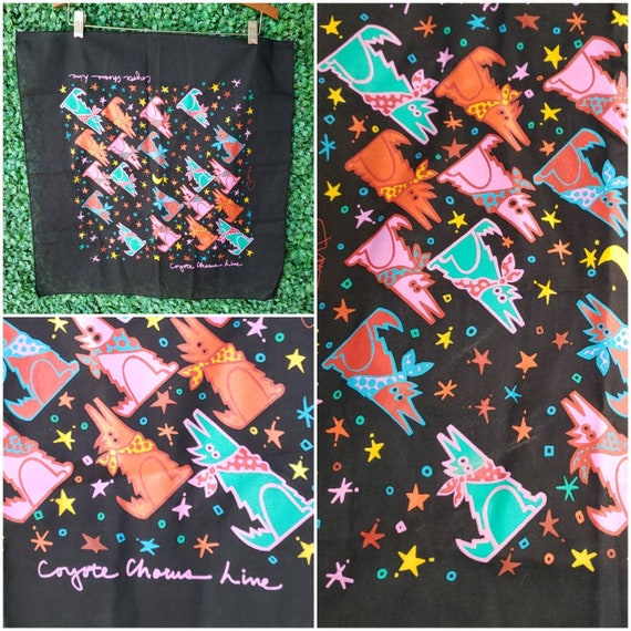 Vintage Painted Bandana, Rainbow Coyote Scarf, Col