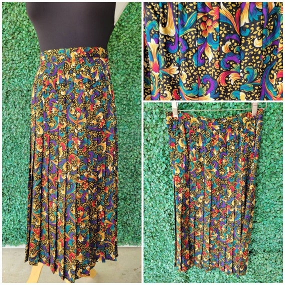 80s Vintage Baroque Pleated Skirt, Colorful Skirt, Vintage Maxi Skirt
