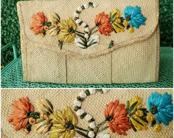 Cartera de mano vintage de los años 70, rafia, bolso de mano de palma tejida con flores de colores