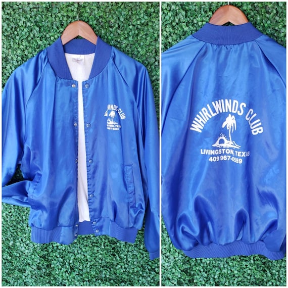 90s Vintage Bomber Jacket, Cobalt Blue and White Jacket, Livingston, Texas Whirlwinds Club Vintage Windbreaker