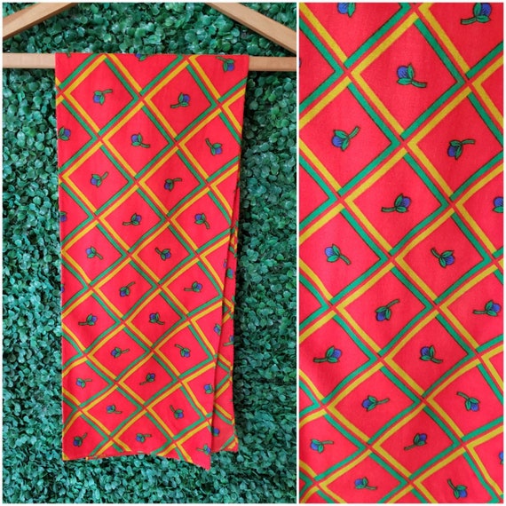 60s Vintage Red-Orange Scarf, Grid Pattern, Violet Flowers, Multicolor, Colorblock