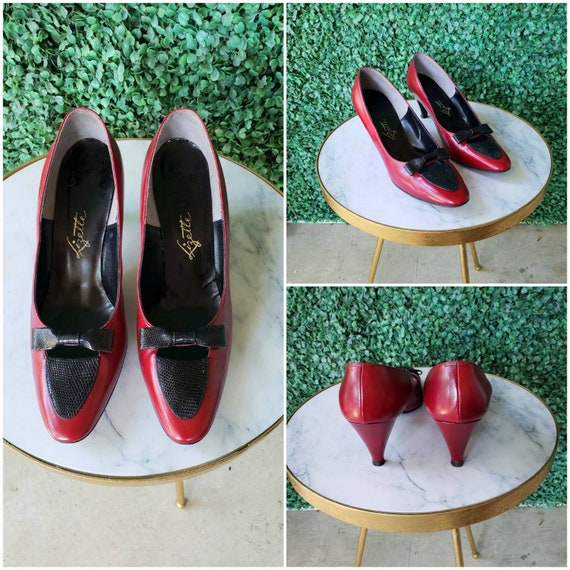 Vintage Pumps, Black and Red Leather High Heels, Size 8