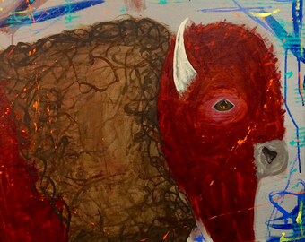 Original Modern Abstract Buffalo Painting, "Arlo", Acryllic and Latex on Canvas, 30 in x 30 in x 2 in, Bison Painting