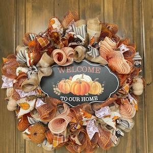Couronne d'automne pour porte d'entrée Couronne de Thanksgiving Cadeau de pendaison de crémaillère Couronne de bienvenue Couronne de citrouille déco Couronne en filet Couronne d'automne en filet Décoration automne