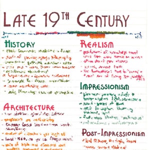 May include: A handwritten chart on lined paper with the title "Late 19th Century". The chart is divided into categories: History, Realism, Impressionism, Post-Impressionism, Architecture, Sculpture, Symbolism, and Architecture. Each category has a brief description of the art movement.