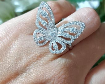 Bague En Argent Massif Motif Papillon VICEROY – Fond Noir Et Zirconiums, Taille 59, Occasion