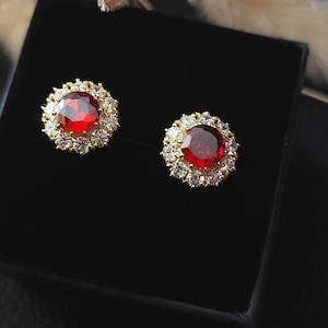 Orecchini in argento S925 con rubino, zirconi cubici, stile Eva Longoria, gioielli eleganti e senza tempo