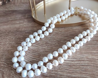 Double pearl necklace - 10mm natural cultured pearl choker - Double strand pearl necklaces