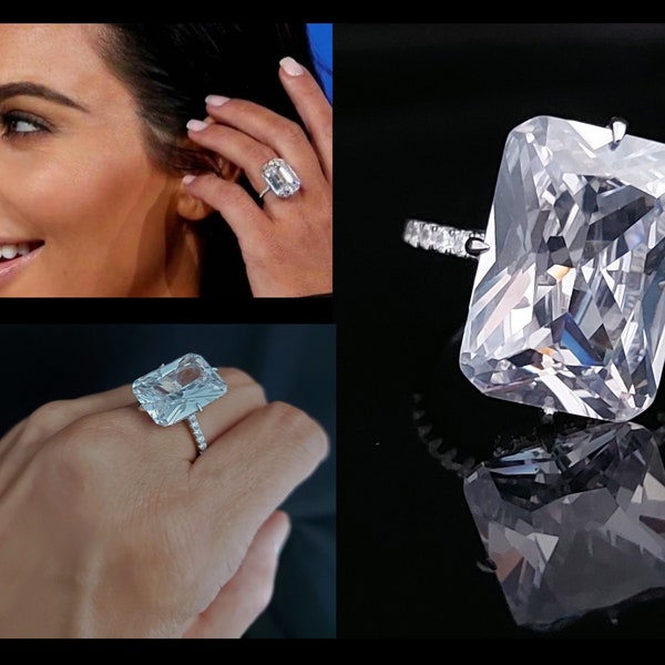 Bague de mariage en Argent sterling 925 rhodié, ornée d'un imposant diamant simulé taillé en émeraude, à l'image de Kim Kardashian.