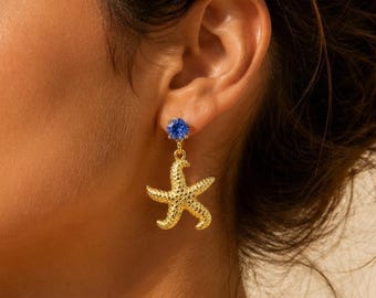 Starfish Stud Earrings, Gold Plated 925 Sterling Silver, Tanzanite Earrings, Ocean Jewelry, Beach Jewelry, Gift for Her