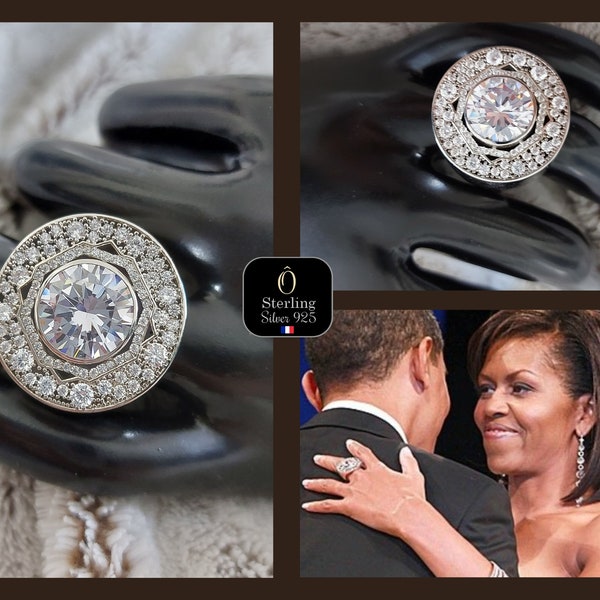 Prestigious XXL Ring: Large Central Simulated Diamond of Approximately 5 Carats, Worn by Michelle Obama at the Inaugural Ball.