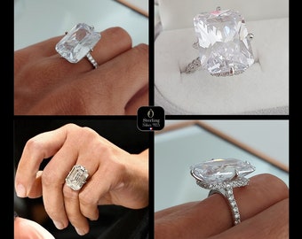 Bague de mariage en Argent sterling 925 rhodié, ornée d'un imposant diamant simulé taillé en émeraude, à l'image de Kim K.