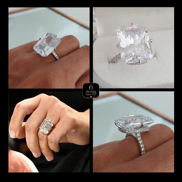 Bague de mariage en Argent sterling 925 rhodié, ornée d'un imposant diamant simulé taillé en émeraude, à l'image de Kim K.