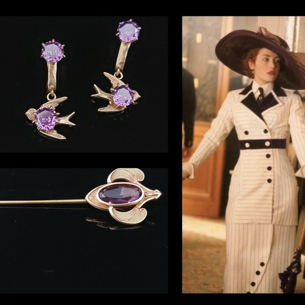 Le Duo Améthyste : Boucles d'Oreilles Oiseau et Broche d'embarquement coffret Titanic à Collectionner