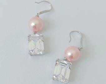 Art Deco Pearl Earrings, Gatsby Inspired Bridal Earrings, Shell Pearl & Emerald Cut CZ, Sterling Silver 925, Daisy Collection