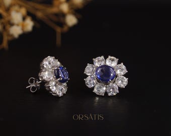 Blue Sapphire Halo Stud Earrings – 925 Sterling Silver, Flower Earrings, Princess Diana Style, Everyday Elegance