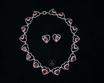 Elegant 925 sterling silver set – Intertwined hearts & rubies, Necklace + Earrings – Refined jewellery, a very romantic gift