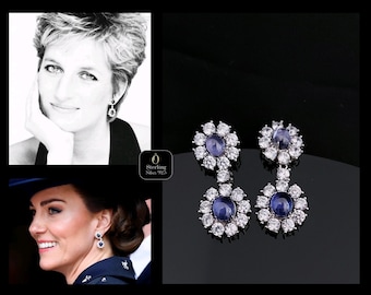 Prinzessin Diana Tropfenohrringe, Doppelte Saphir-Cabochons in 925 Sterling Silber, Schmuckrepliken, ovale Ohrringe