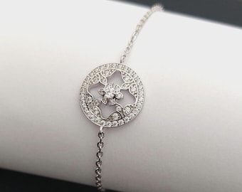 Delicate 925 Sterling Silver Rhodium Bracelet with Flower, Snowflake, and Star Design – Cubic Zirconia – Elegant Gift for Her