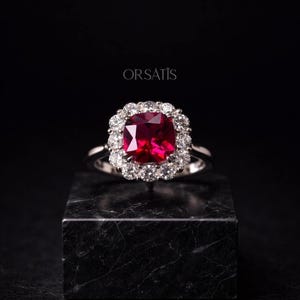 Fede nuziale con rubino, anello con rubino in argento sterling 925, anello elegante, anello con cuore di rubino, anello di fidanzamento, alone di diamanti con rubino