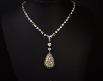Women’s Two-Tone Emerald Teardrop Necklace – Elegant Jewelry – Hollywood Style, Evening & Wedding Necklace,Pear Pendant