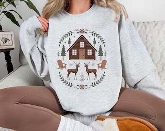 Camping Winter Boho Sweatshirt Gift Idea For Outdoor Cozy Camper Forestcore Apparel For Nature Lover Autumn Deer Cabin Pullover