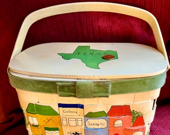 Caro Nan Wooden Basket Box Purse/ Mid Century Painted City