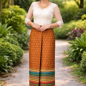 May include: A woman wearing a traditional outfit. The ensemble includes a white lace top and a long, brown skirt with a colorful patterned border. She is also wearing gold jewelry. The background is a garden setting.