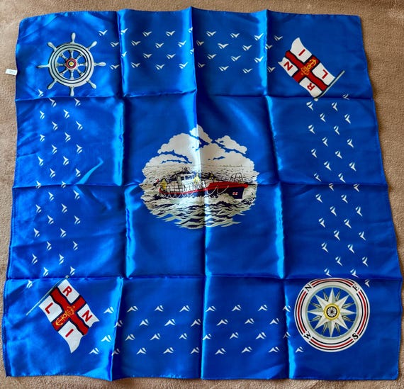 Rnli satin scarf, featuring boats and compass. Satin acetate made in italy