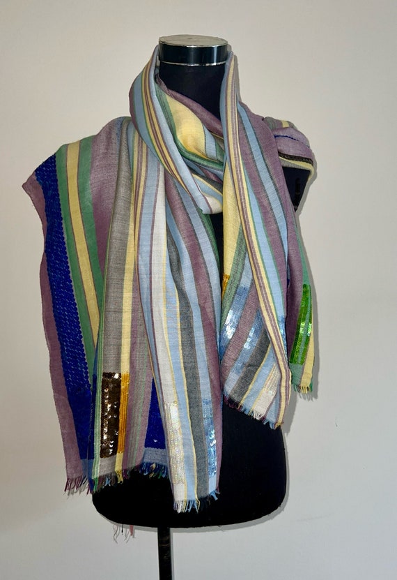 Etro Striped silk scarf, shawl, wrap with sequins. - image 2