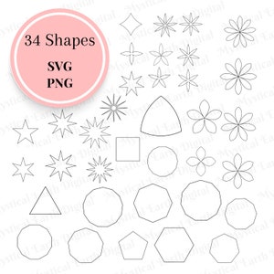 May include: A set of 34 black and white geometric shapes, including stars, circles, squares, triangles, and hexagons. The shapes are outlined in black and are arranged in a grid pattern on a white background. The text "34 Shapes" and "SVG PNG" are written in a pink circle at the top of the image.