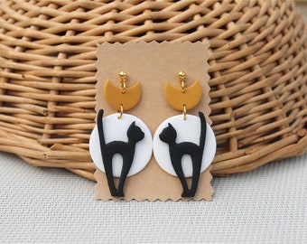 Black cat Polymer Clay Earrings /Halloween clay earrings/Fall Long Statement Minimalist Earrings | handmade gift