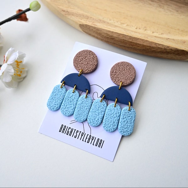 Clay Earrings / Modern Design Dangles/Blue Brown  Earrings / Geometric Minimalist Statement Earrings.