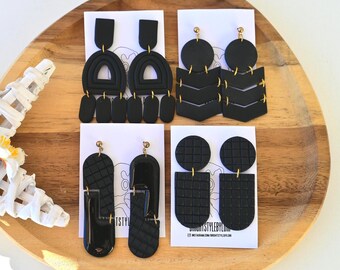 Black Polymer Clay Earrings/ Modern Dangle Statement Jewelry