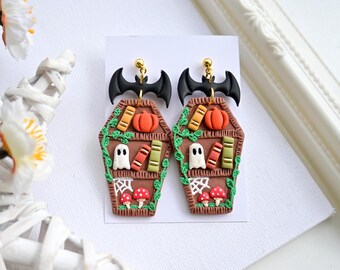 Halloween-bokhyllaörhängen i polymerlera / kistaörhängen i polymerlera / långa höstörhängen i uttalandestil