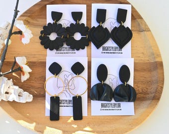 Handmade Black Polymer Clay Earrings, Modern Dangle Hoop, Statement Jewelry