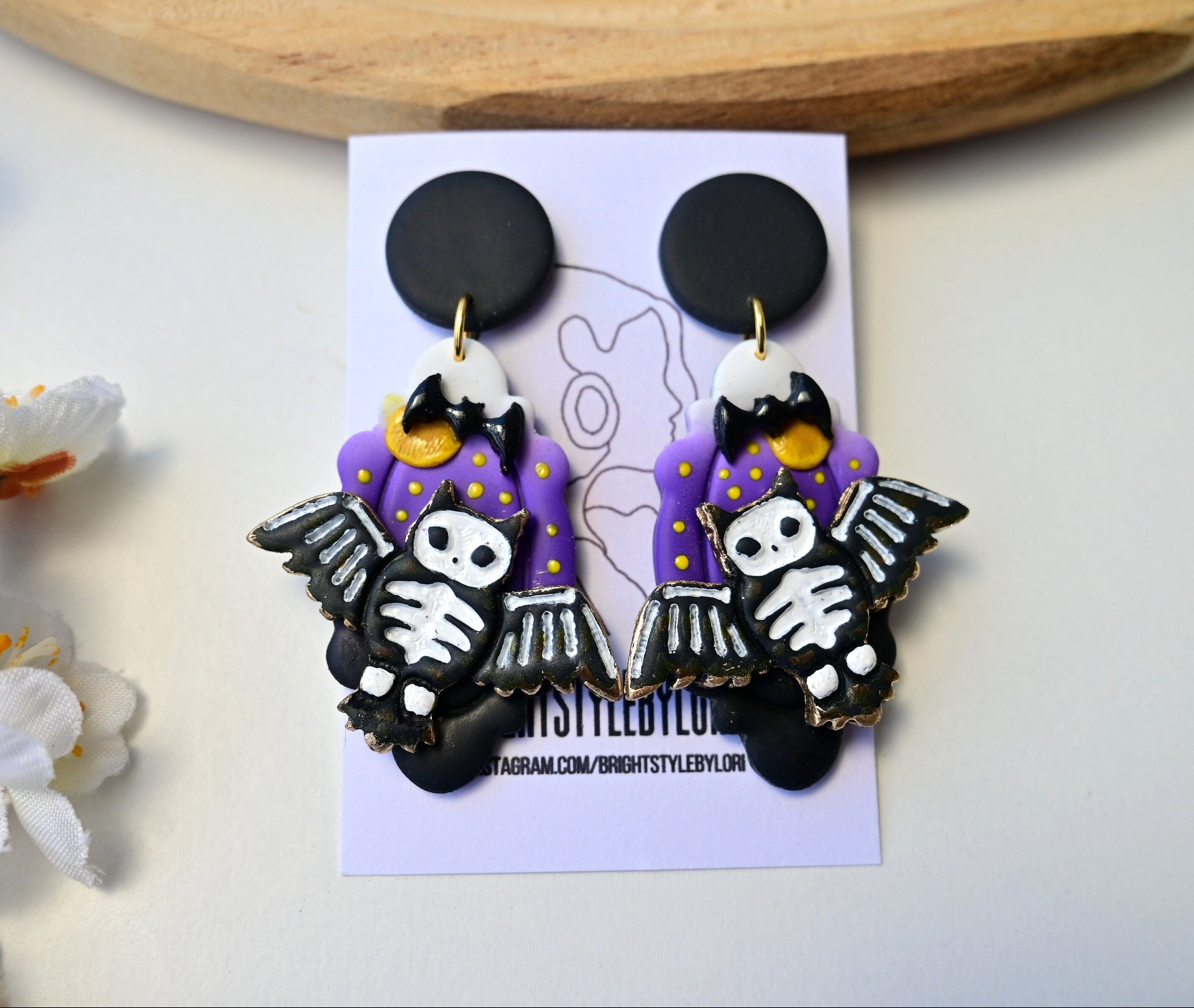 Halloween Polymer Clay Earrings / Skeleton Owl clay earrings/Fall Long dangle Statement Minimalist E